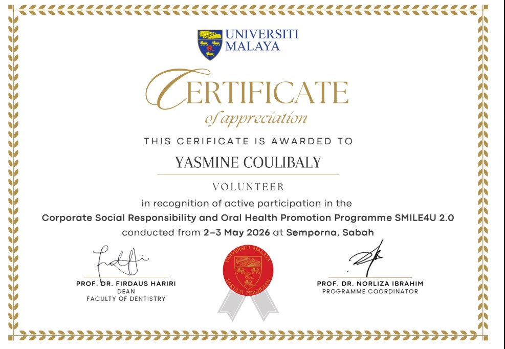 Certificate of Appreciation Yasmine Coulibaly